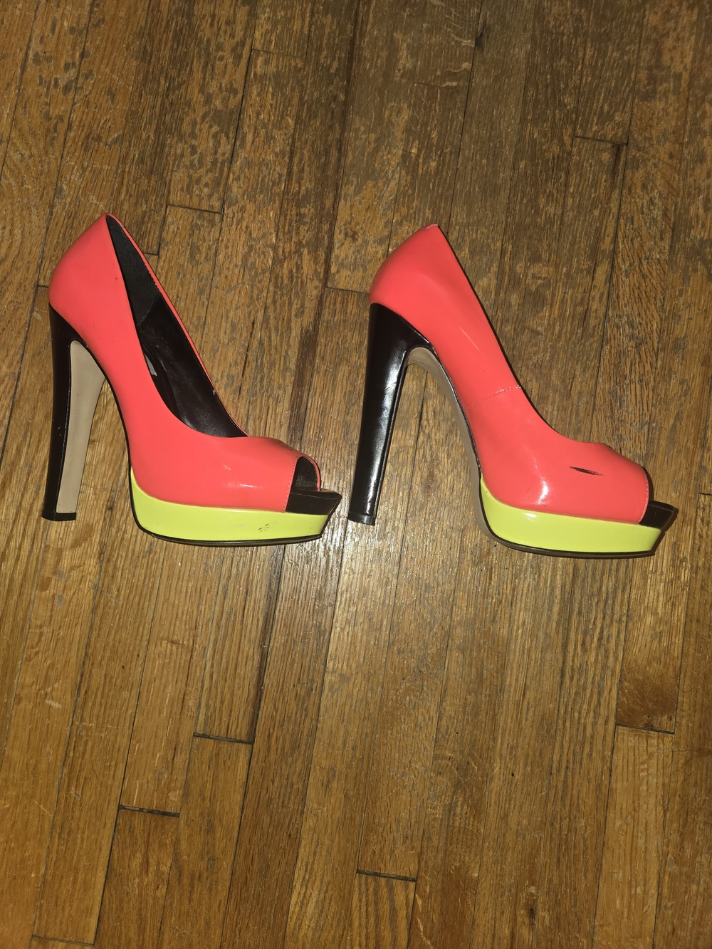 Steve Madden Neon Pink and Neon Yellow Peep-Toe Platform Heels